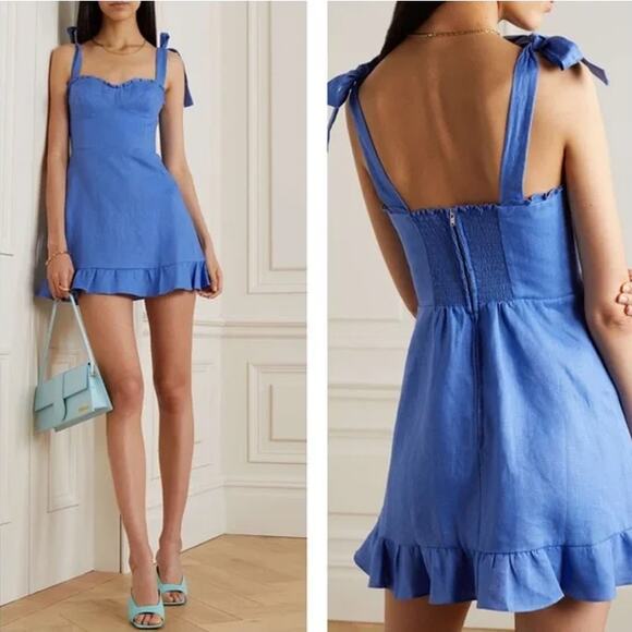 Reformation Dresses & Skirts - REFORMATION Desiree Linen Mini Dress Ruffle Sweetheart Bustier Tie Strap Blue